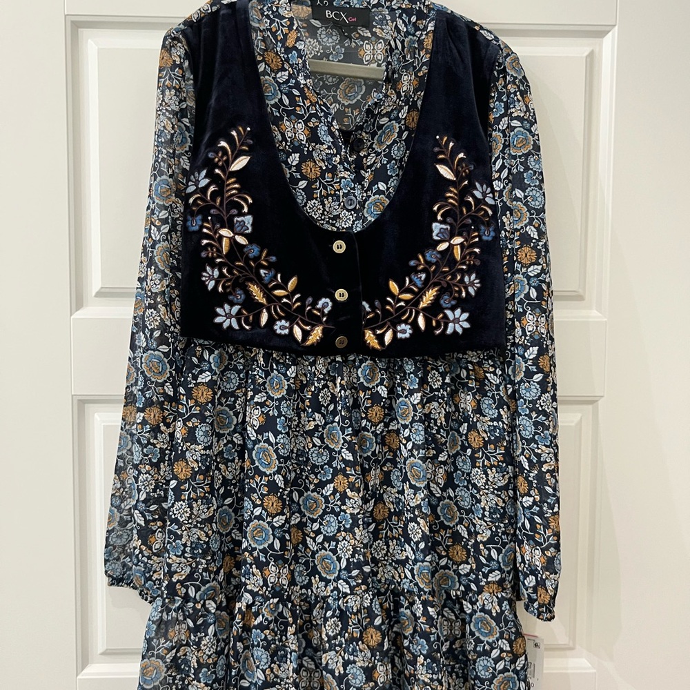 BCX Navy Floral Dress with Embroidered Vest